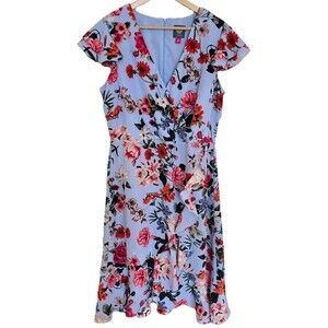 Vince Camuto Floral Faux Wrap Dress Size 14 Blue Ruffle Short Sleeve - No Belt
